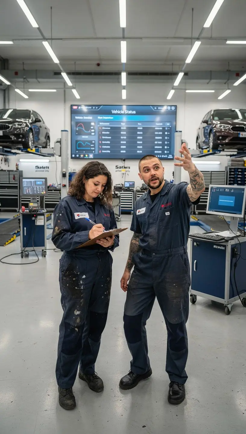 Technik kontroluje tlak pneumatík na dodávke v rámci mesačného preventívneho plánu údržby.